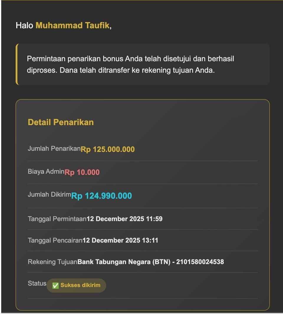Bukti pencairan bonus member Omnia